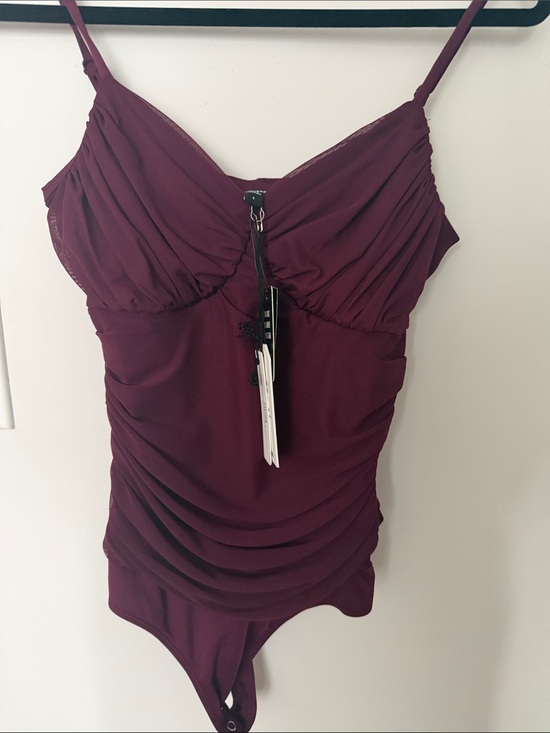 Express Tops - Express Wine-Red Ruched Tank Bodysuit with Adjustable Straps